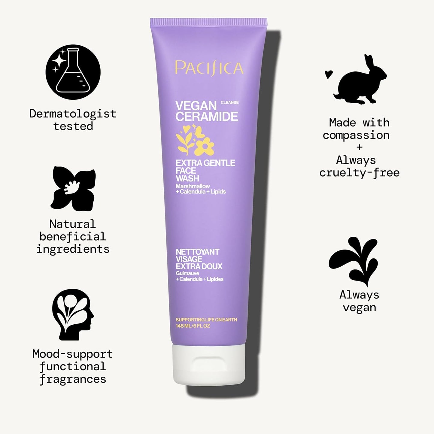 Face Wash Cleanser Vegan Ceramide Barrier Repair Extra Gentle for Daily Use Daily for Sensitive Skin, Fragrance Free, Calendula, Vegan & Cruelty-Free Dermatologist Tested