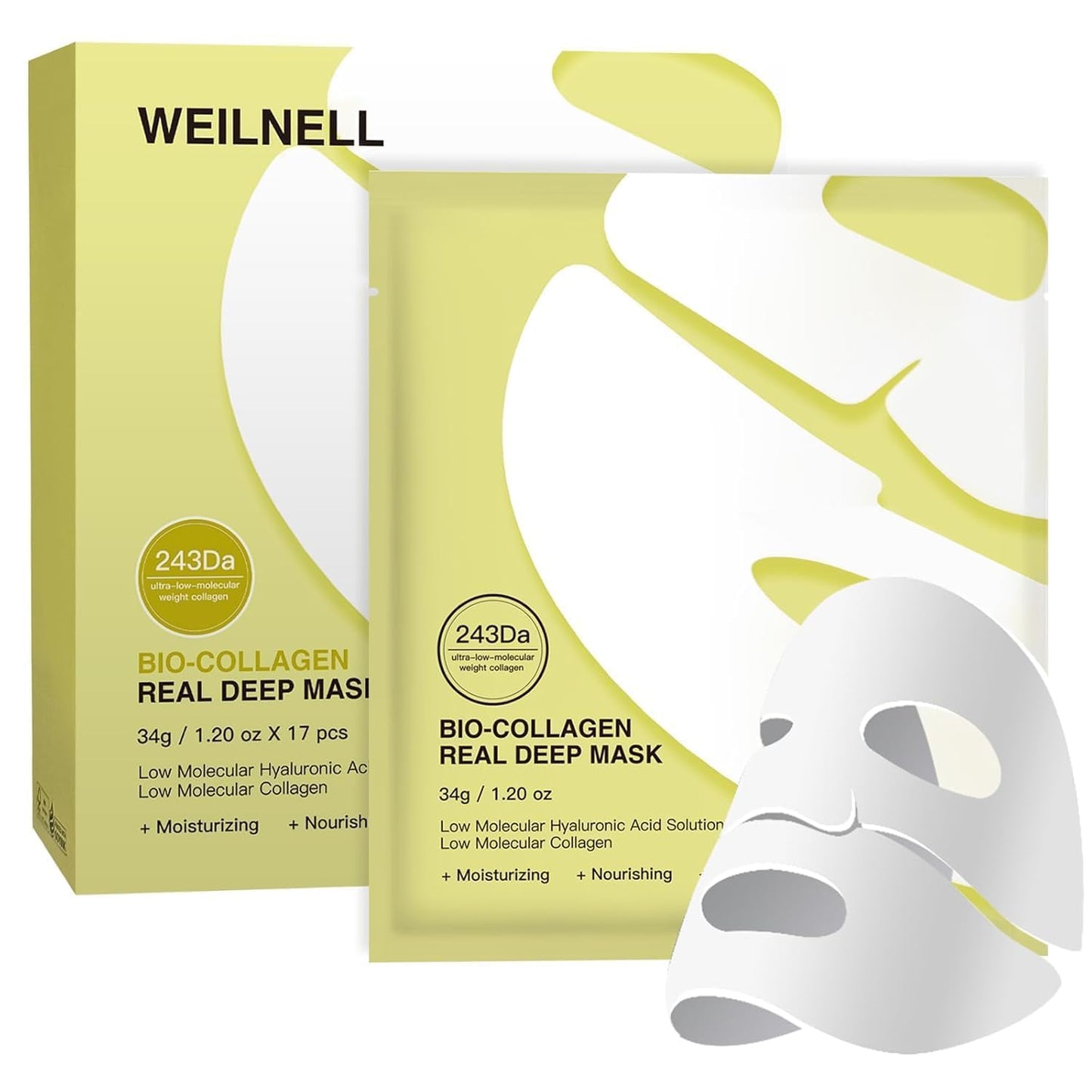 Bio-Collagen Real Deep Mask 34Gx17Ea, Deep Collagen Anti-Wrinkle Lifting Overnight Mask, Hydrating Hydrogel Mask with Low Molecular Weight Collagen - Pore Minimizing, Elasticity, Firming, Moisturizing
